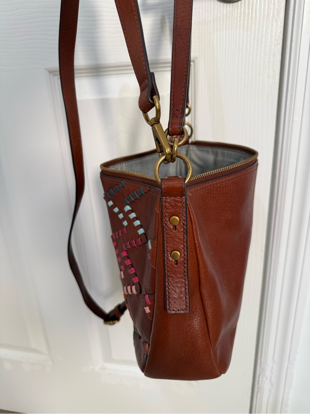 Fossil Brown Woven Leather Crossbody - Multi-Color Chevron + Key Charm - Picture 10 of 10